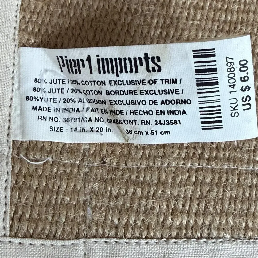 Pier 1 Imports Set 4 Beige Jute Cotton Woven Placemats Rectangular 14x20 India